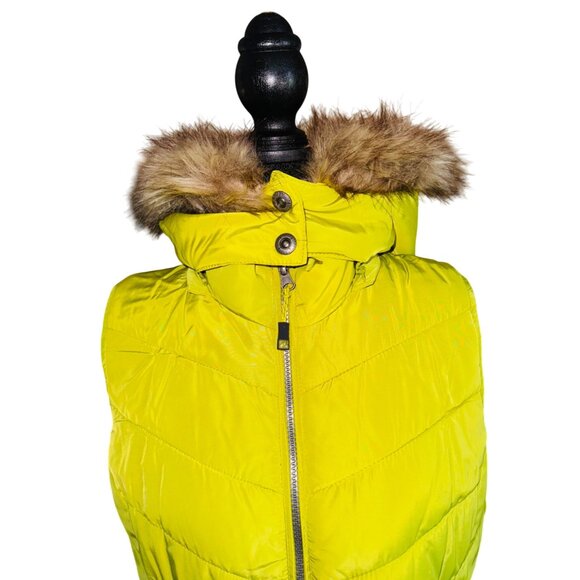 Green Tea Womens Avocado YelloPuffer Vest With Faux Fur Hood & Zip Pockets Size - Picture 8 of 12